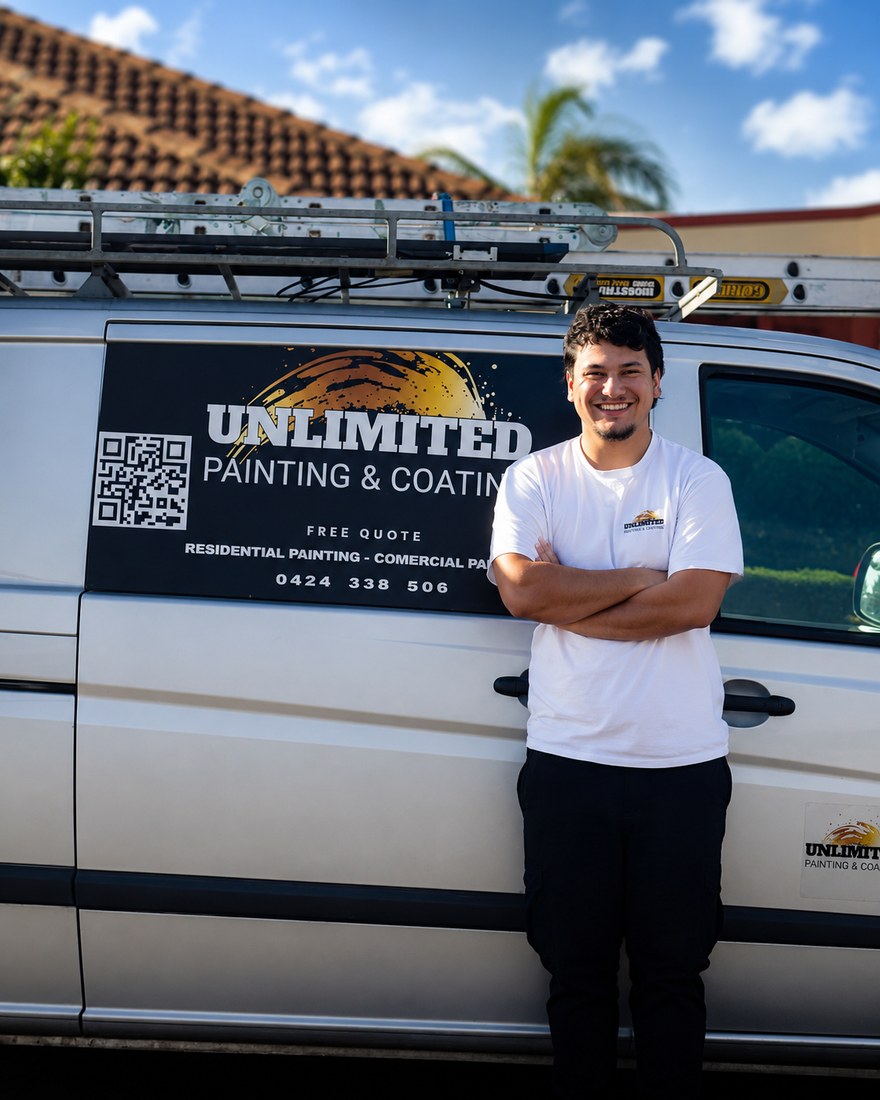 Martin del Rio, owner of Unlimited Painting & Coating, standing in front of his work van